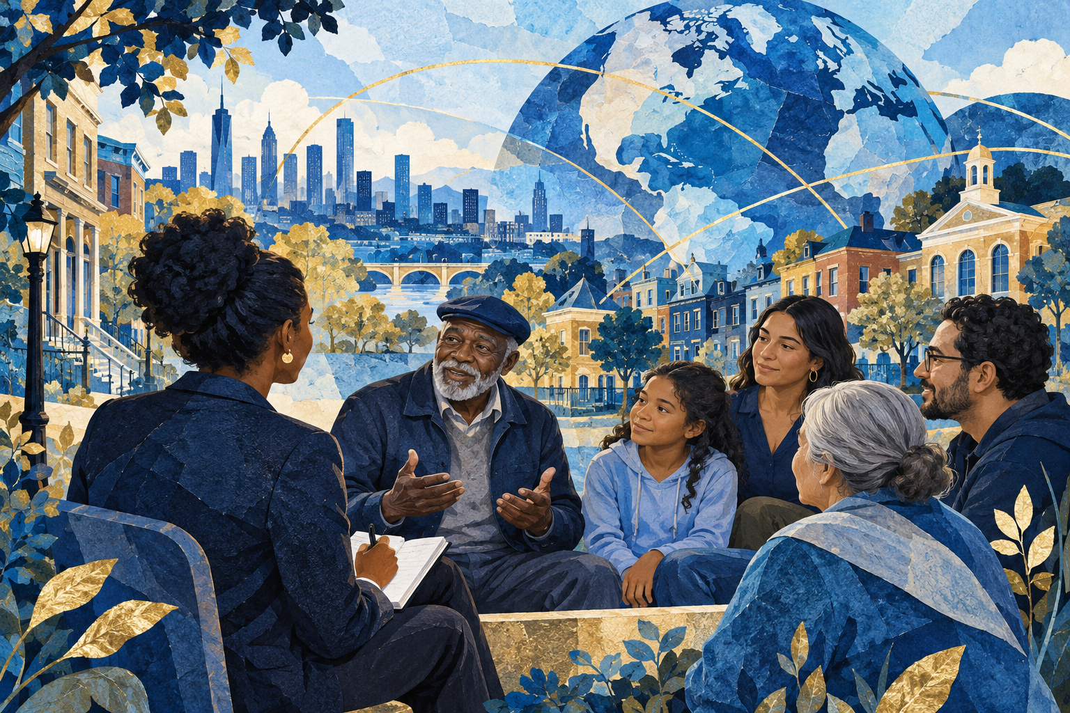 Conceptual illustration of a researcher listening to an intergenerational group, connecting local neighborhoods with the wider world.