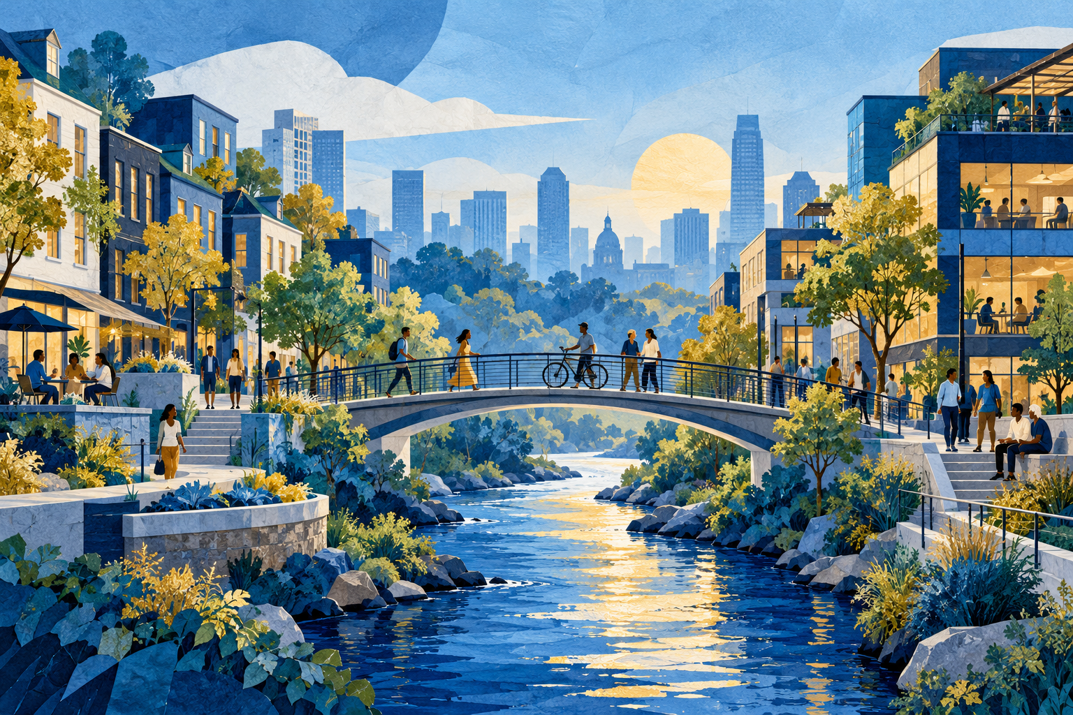 Blue-and-gold illustration of neighboring communities joined by a bridge, with housing, workplaces, and shared spaces.